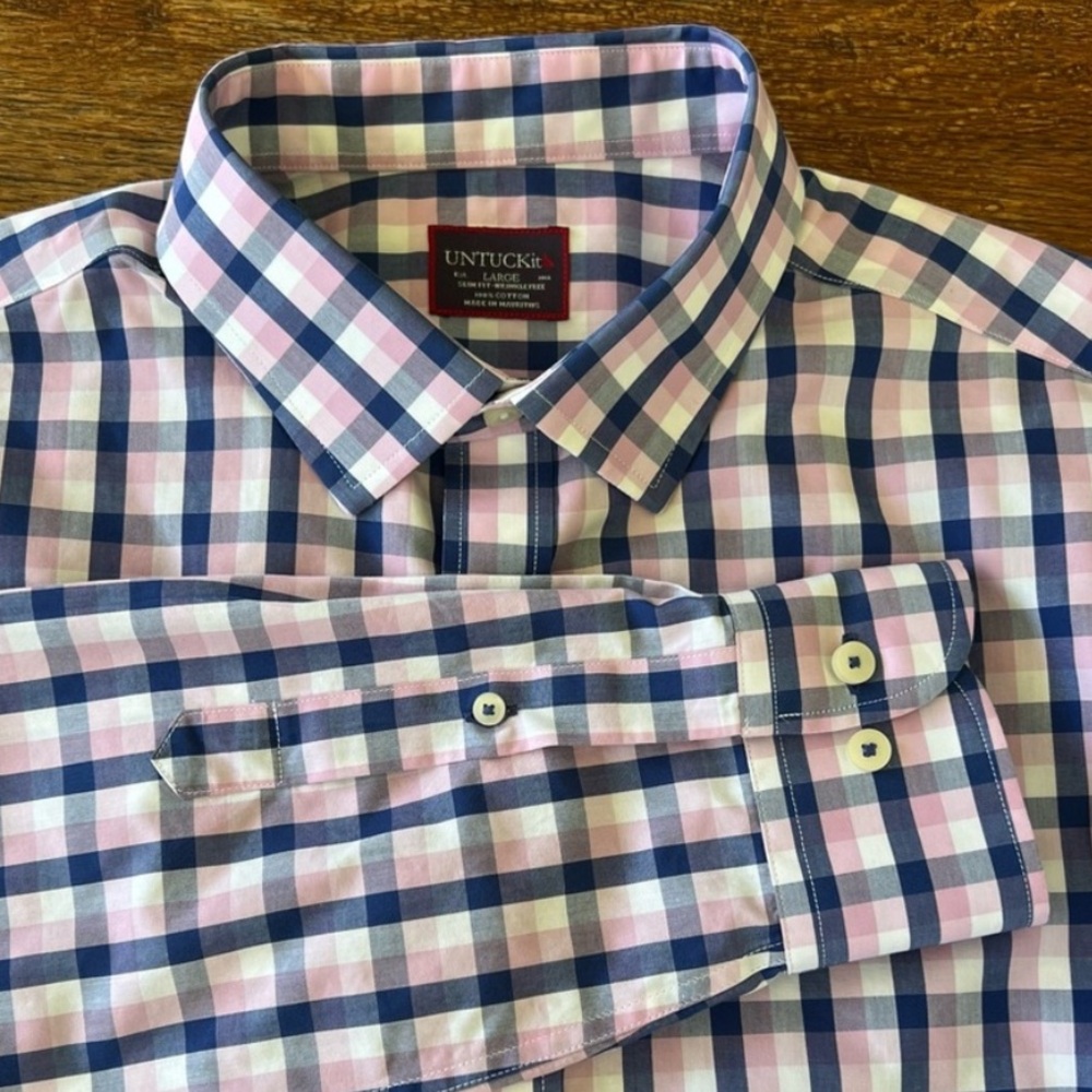 UNTUCKit Adriano Dress Shirt Men’s Cotton Slim Fit White Blue Pink Plaid L
